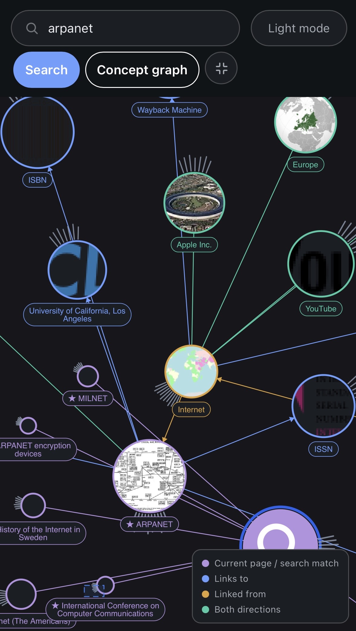 WikiSearch concept graph, dark mode, mobile