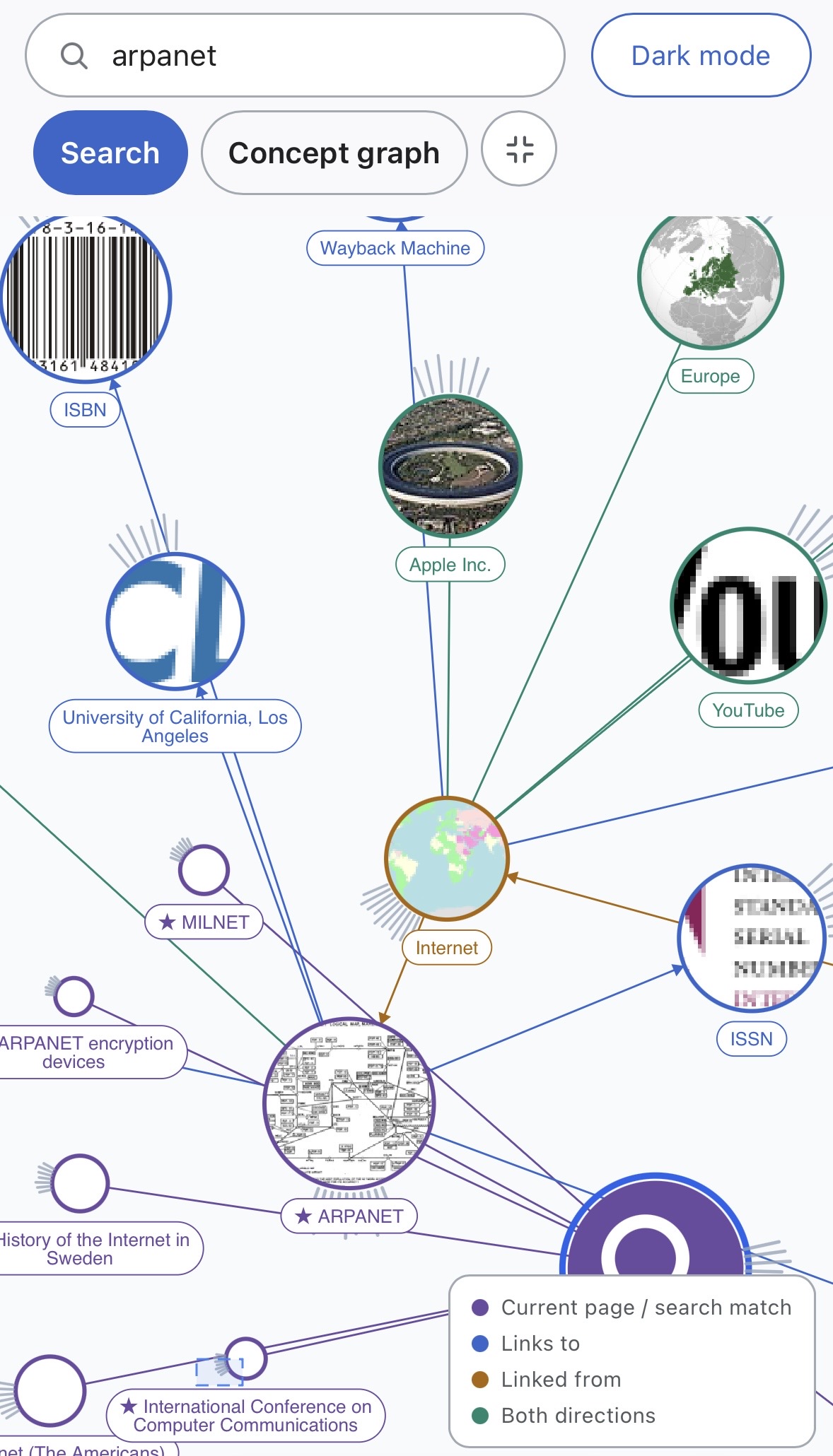WikiSearch concept graph, light mode, mobile